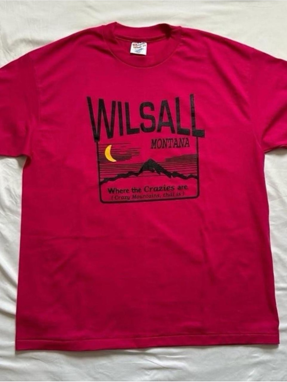 Vintage 1990s Wilsall Montana Graphic Tee - Bright Magenta Pink XL - Picture 2 of 4